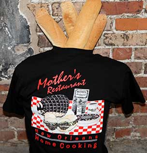 1 black t-shirt with Mothers restaurant red print and baguette inserted on the neck